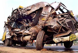 Mangled remains of the Punjab Roadways bus that met with a head-on collision with another bus from the opposite side injuring 26 persons near Morinda on Monday. 