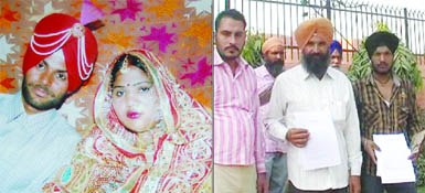 A flie photo of deceased Karamjit Kaur with her husband Jaspal Singh; and (right) Relatives of Karamjit show documents after meeting Deputy Commissioner Rajat Agarwal in Amritsar. 